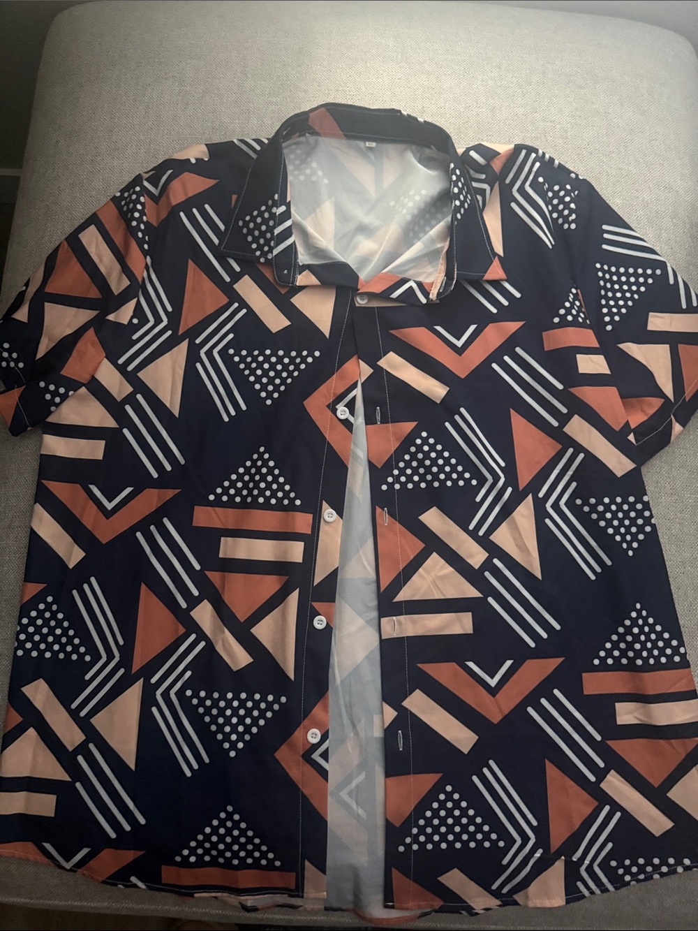 Source Unknown Black Button-Down Shirt with Rust & Cream Geometric Print